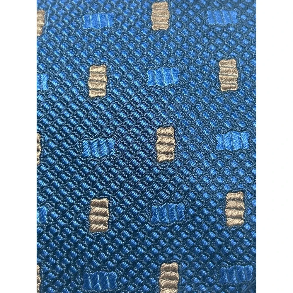 Luciano Barbera Mens Silk Tie Blue Brown Geometric Pattern Made in Italy Navy - Picture 2 of 6